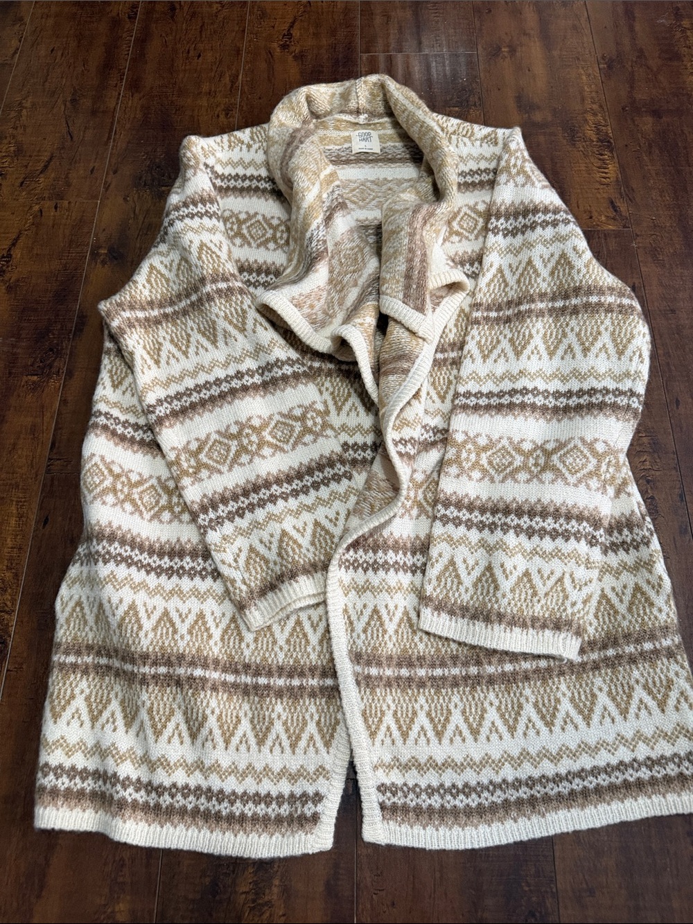 Matilda Jane (Good Hart) Cream, Brown & Tan Fair Isle Shawl Collar Cardigan